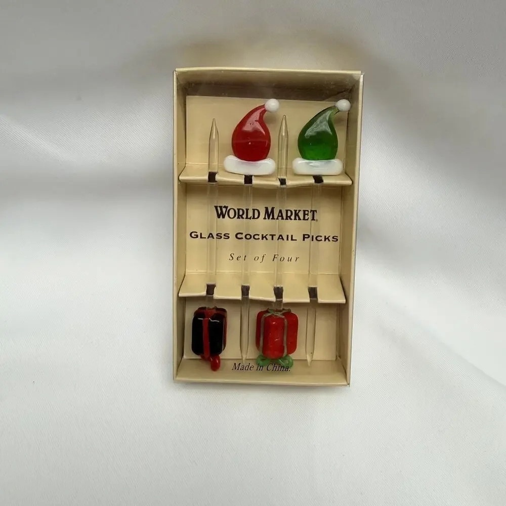 World Market Glass Cocktail Picks Set of 4 Christmas Santa Hat Gift Present Bar
